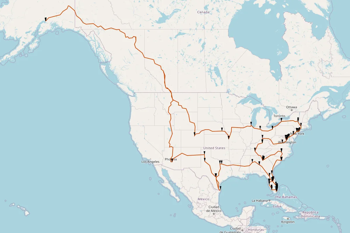 Map of all BurgerFi locations, and the route to visit all of them.