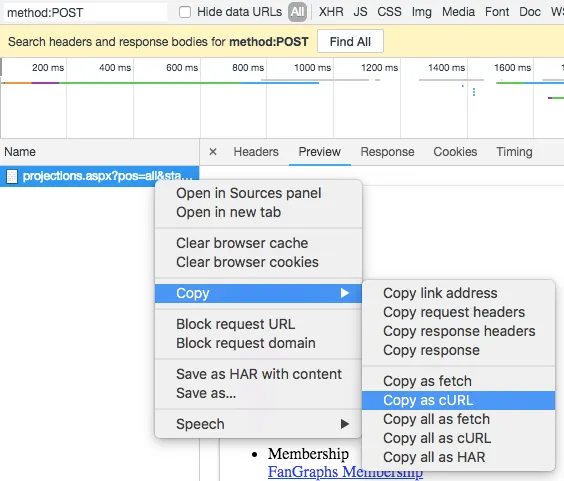 Chrome Network Tab for Fangraphs Page