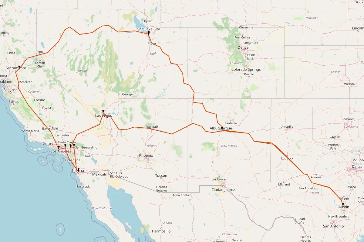 Map of all Hot Dog on a Stick locations, and the route to visit all of them.