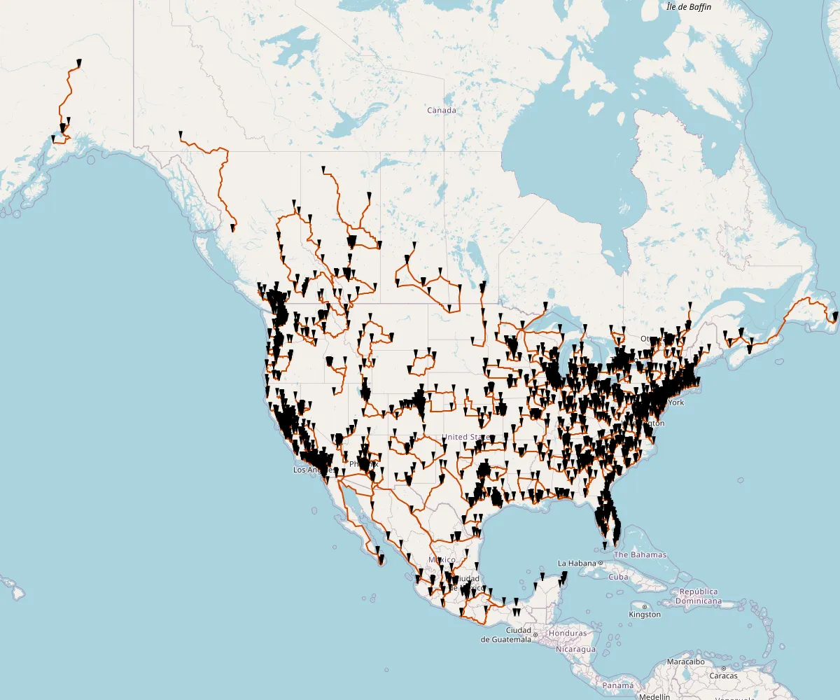 Map of all Starbucks locations, and the route to visit all of them.