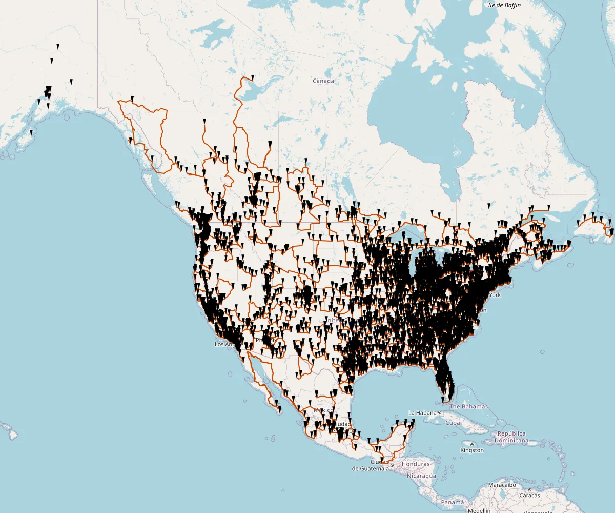 Map of all Subway locations, and the route to visit all of them. It's a lot, honestly.