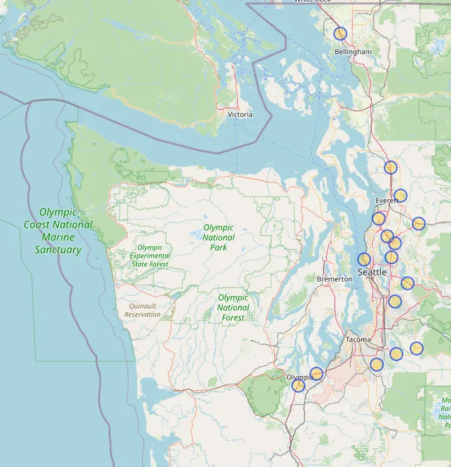 Map of all Taco Time Northwest locations.