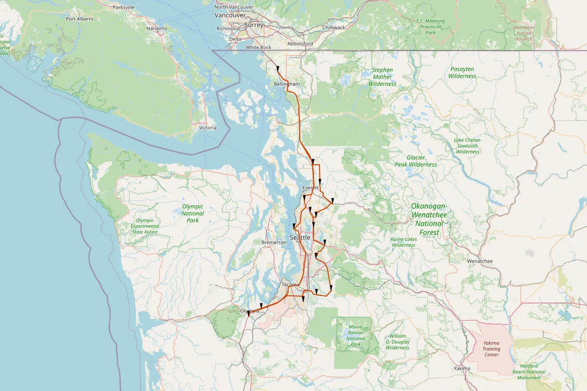 Map of all Taco Time Northwest locations, and the route to visit all of them.