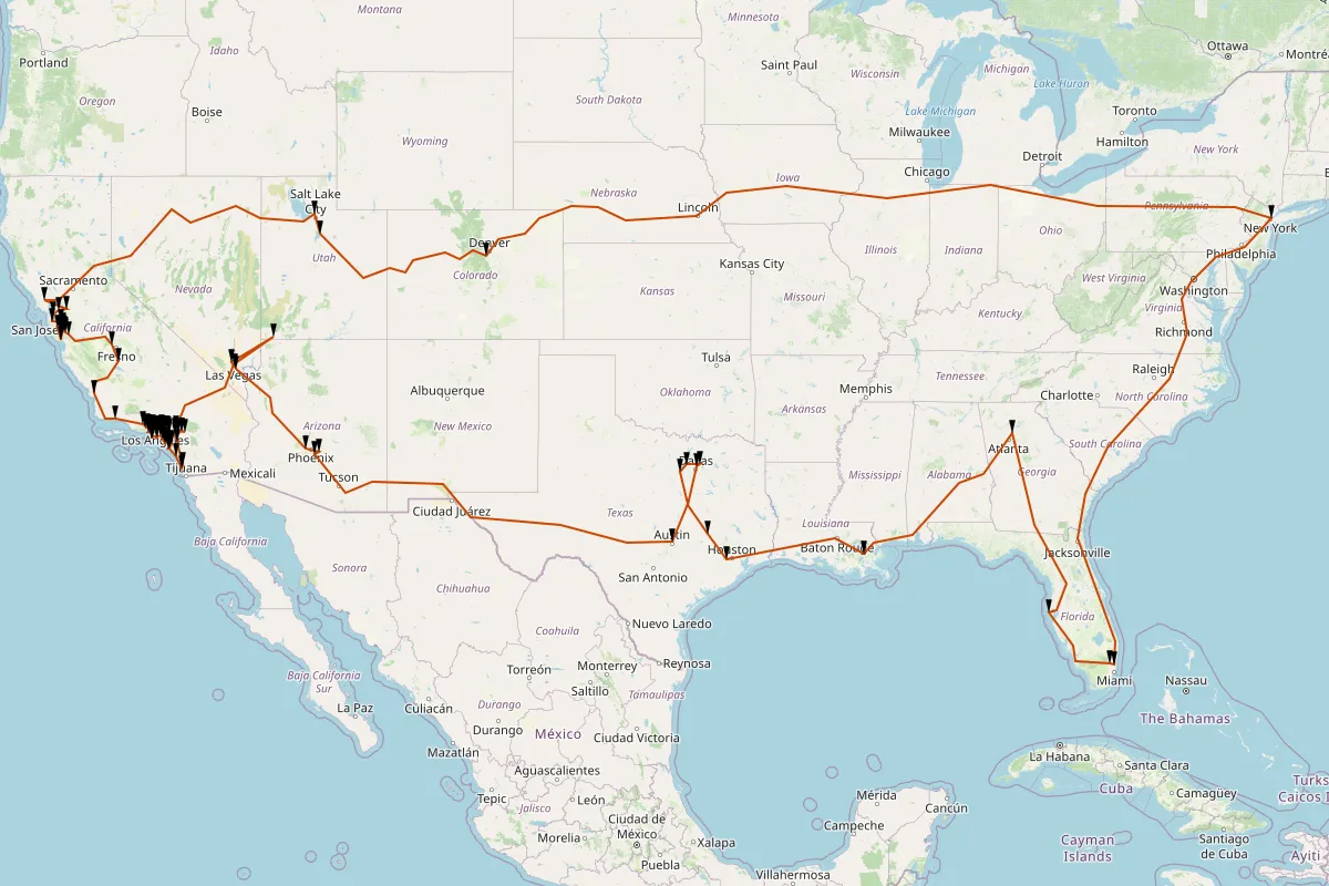 Map of all Yogurtland locations, and the route to visit all of them.